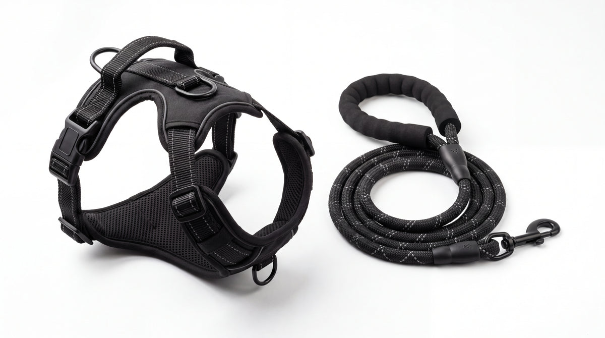 Harnais anti-traction noir réfléchissant et laisse assortie — vue studio