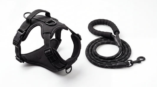 Harnais anti-traction noir réfléchissant et laisse assortie — vue studio