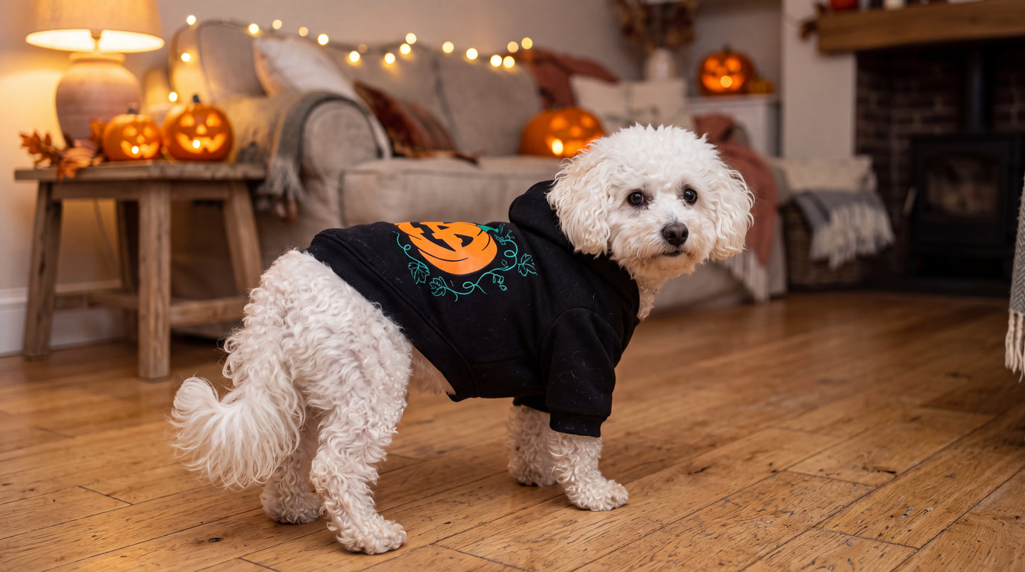 Bichon portant le sweat citrouille dans un salon décoré pour Halloween