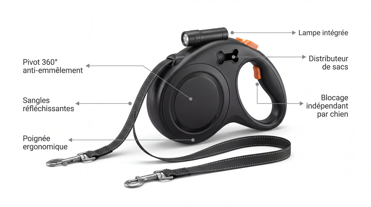 Points forts de la double laisse : pivot 360° anti-emmêlement, sangles réfléchissantes, poignée ergonomique, lampe intégrée, distributeur de sacs, blocage indépendant par chien