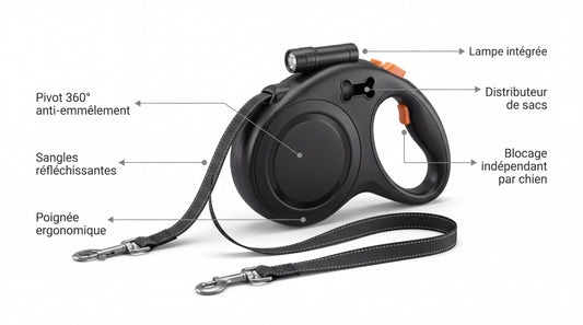 Points forts de la double laisse : pivot 360° anti-emmêlement, sangles réfléchissantes, poignée ergonomique, lampe intégrée, distributeur de sacs, blocage indépendant par chien