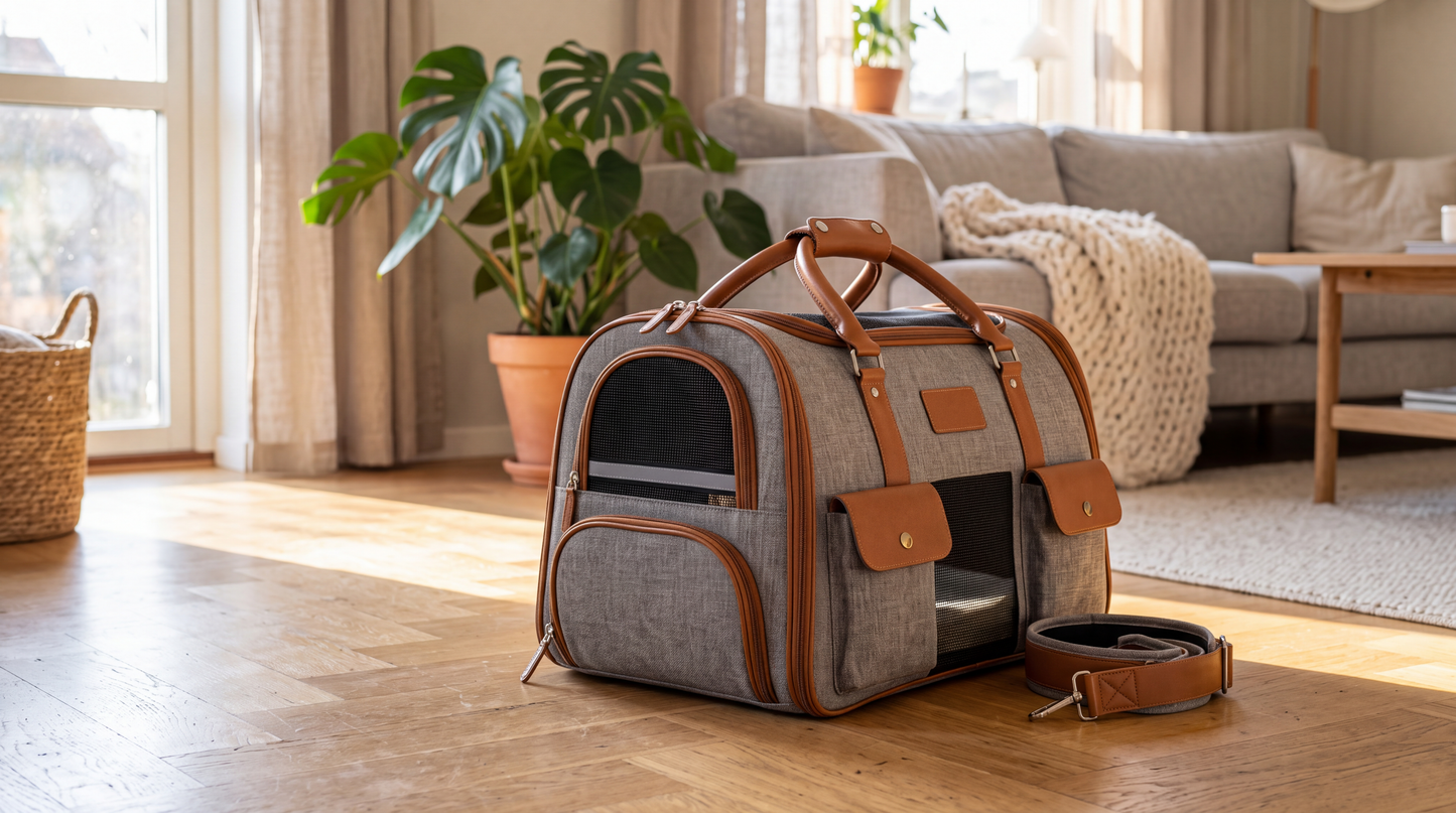 Sac de transport pour chat et petit chien posé sur un parquet dans un salon lumineux