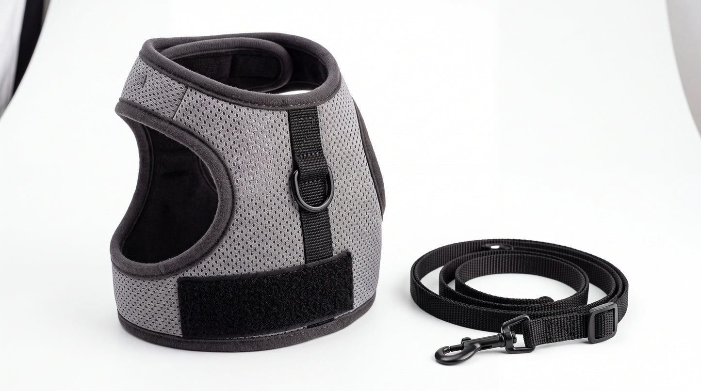 Harnais-veste gris pour chat avec laisse incluse — vue studio