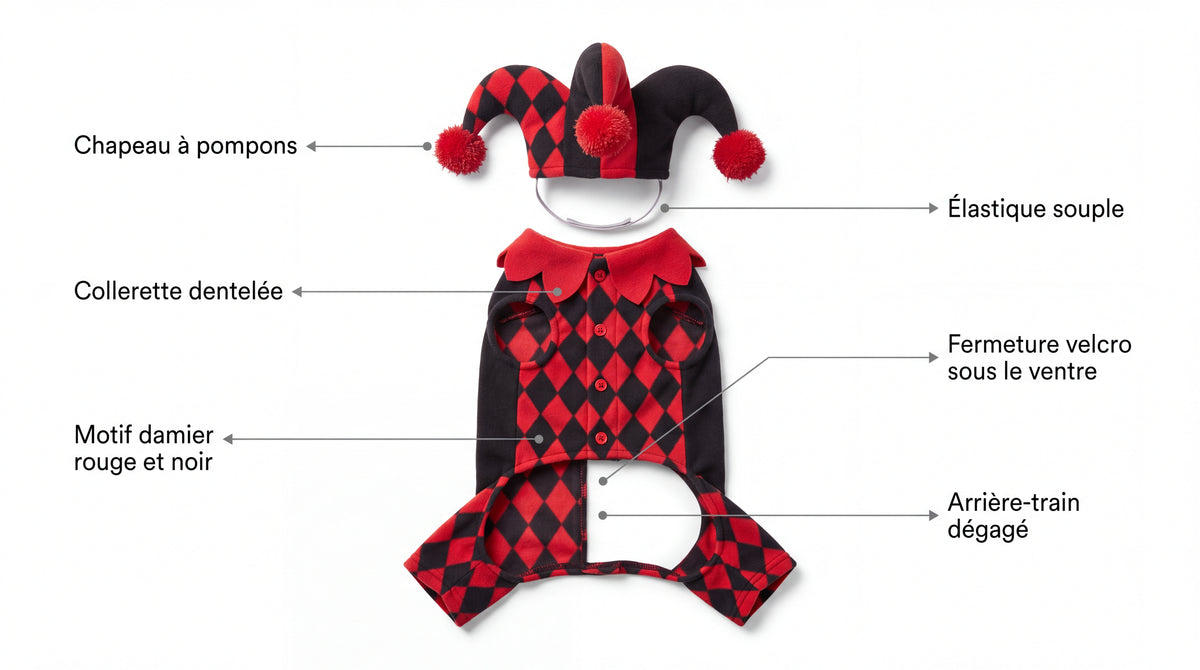 Points forts du déguisement : chapeau à pompons, collerette dentelée, motif damier, élastique souple, fermeture velcro, arrière-train dégagé