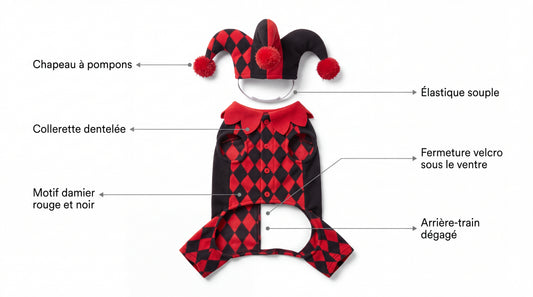 Points forts du déguisement : chapeau à pompons, collerette dentelée, motif damier, élastique souple, fermeture velcro, arrière-train dégagé