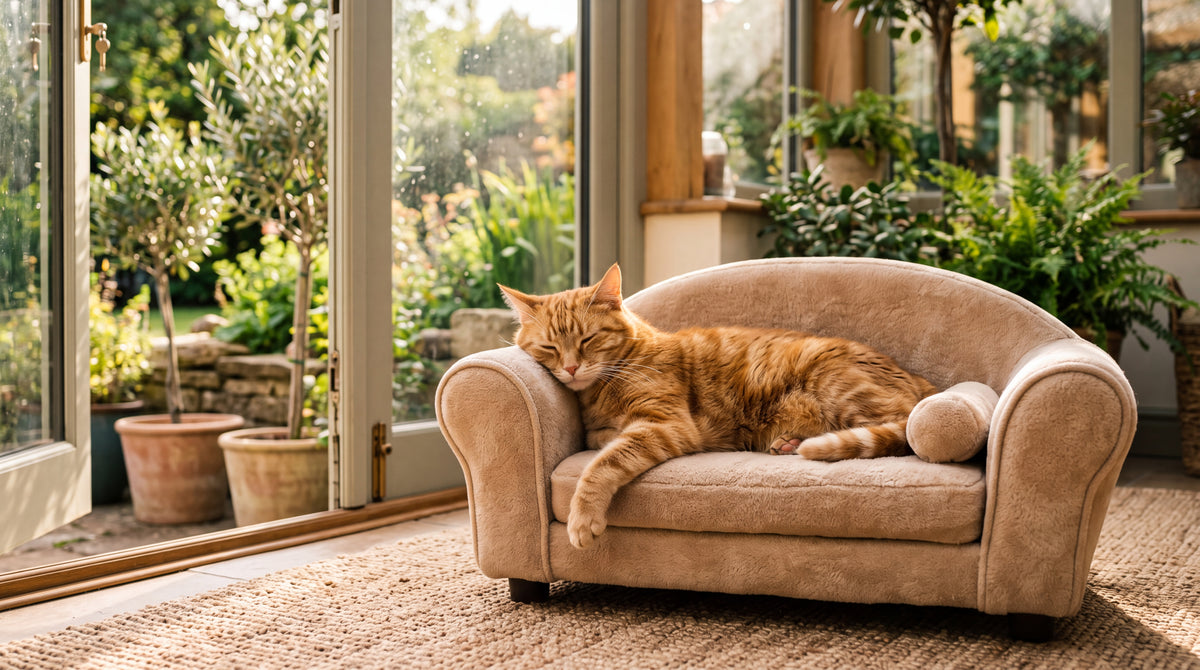 Chat roux étendu dans le canapé, au soleil devant une baie vitrée donnant sur le jardin