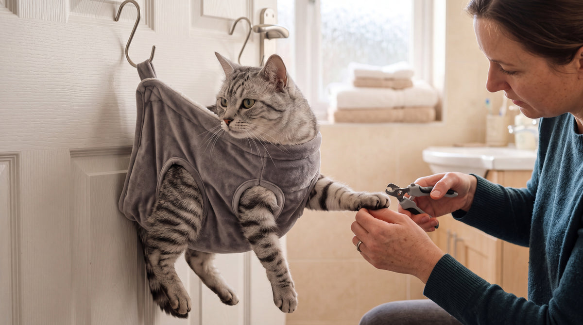Chat installé dans le hamac de contention pendant la coupe des griffes