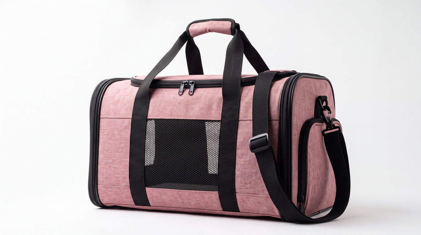 Sac de transport rose poudré à panneaux en maille — vue studio