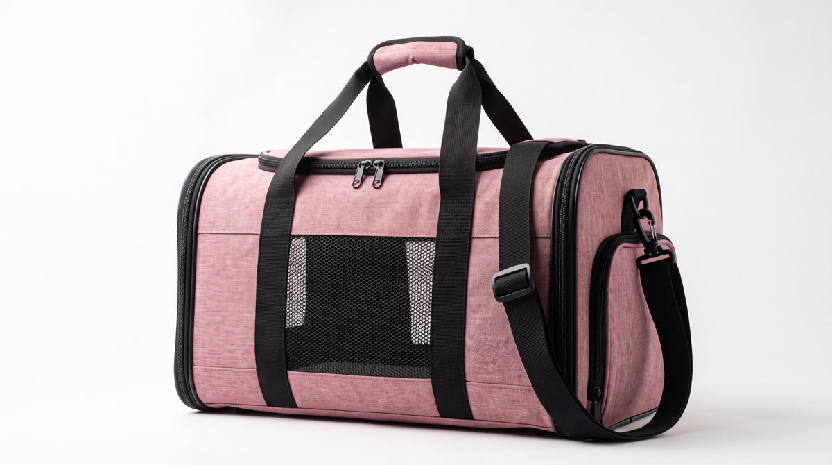 Sac de transport rose poudré à panneaux en maille — vue studio