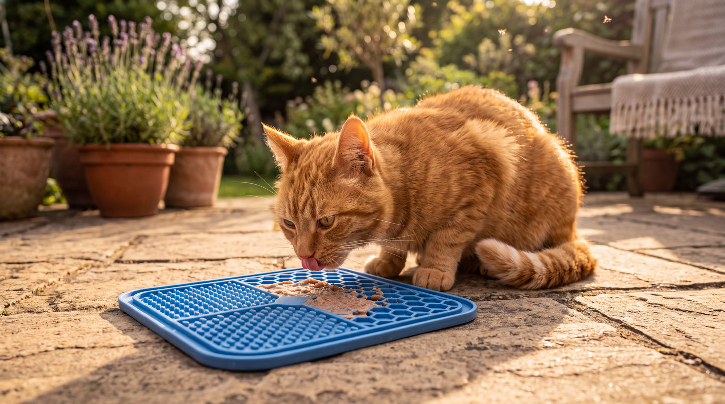 Chat roux qui lèche le tapis sur une terrasse ensoleillée