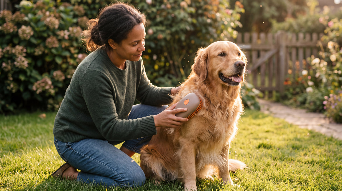 Brossage d'un golden retriever dans un jardin au coucher du soleil avec la brosse vapeur