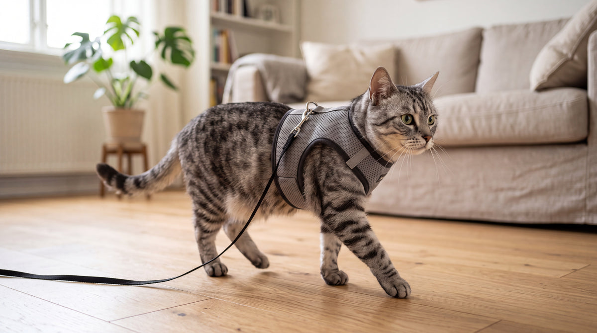 Chat tigré portant le harnais-veste dans un salon lumineux
