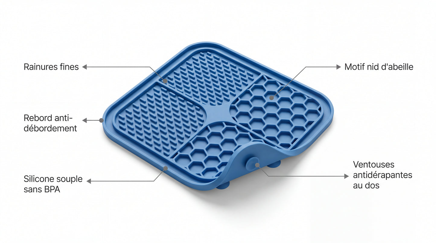 Points forts du tapis de léchage : rainures fines, motif nid d'abeille, rebord anti-débordement, silicone sans BPA, ventouses antidérapantes au dos