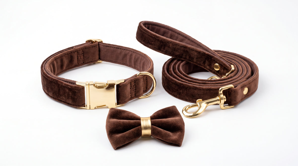Ensemble collier et laisse en velours brun avec nœud papillon — vue studio