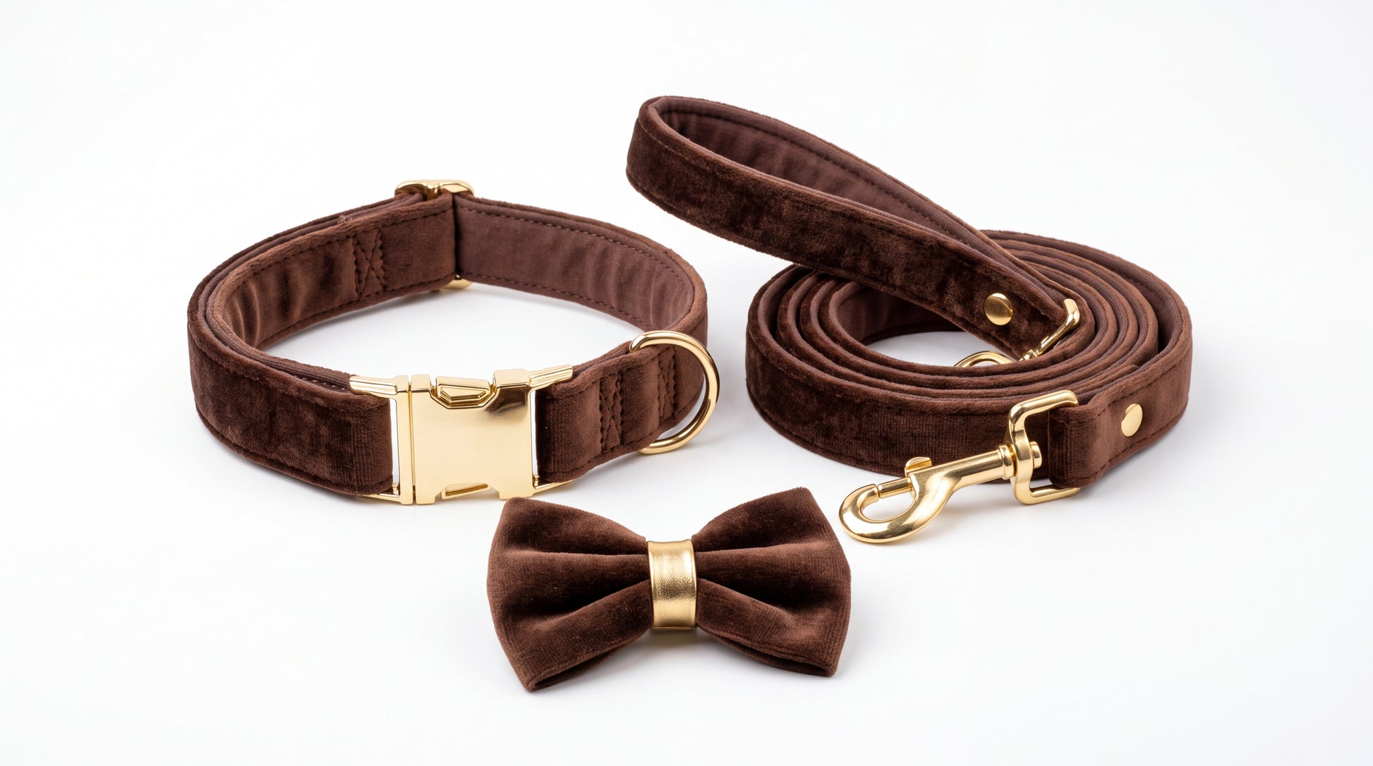 Ensemble collier et laisse en velours brun avec nœud papillon — vue studio
