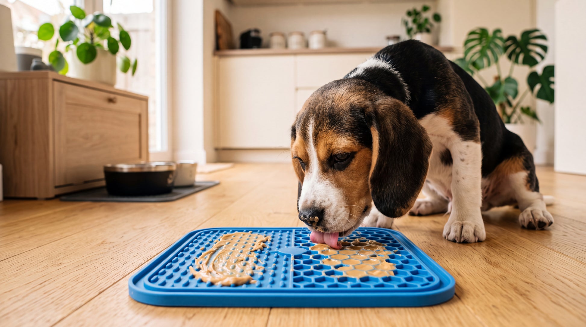 Chien qui lèche le tapis de léchage garni de pâte, dans une cuisine lumineuse