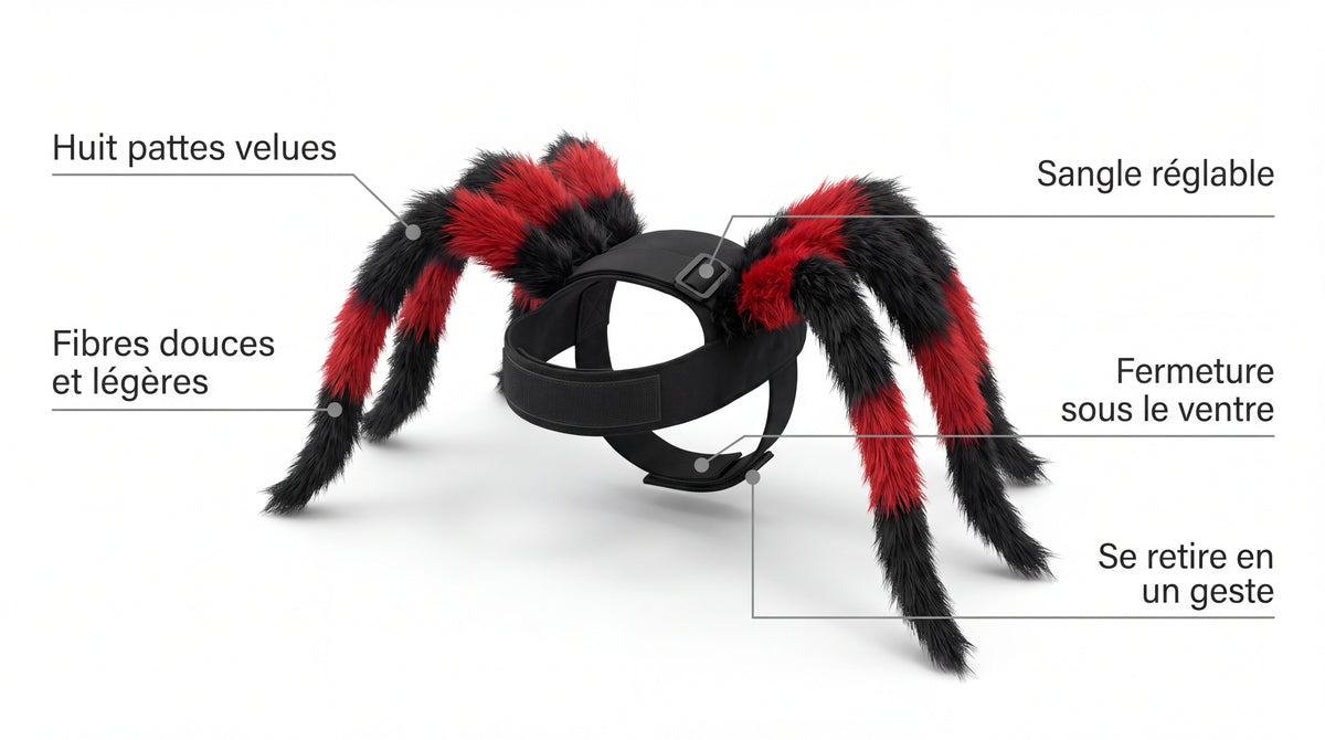 Points forts du déguisement d'araignée : huit pattes velues, fibres douces, sangle réglable, fermeture sous le ventre