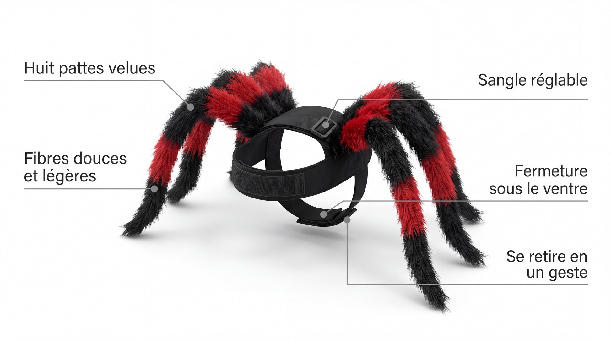 Points forts du déguisement d'araignée : huit pattes velues, fibres douces, sangle réglable, fermeture sous le ventre