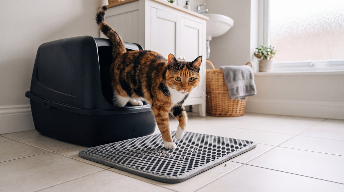 Chat qui sort du bac à litière et marche sur le tapis alvéolé