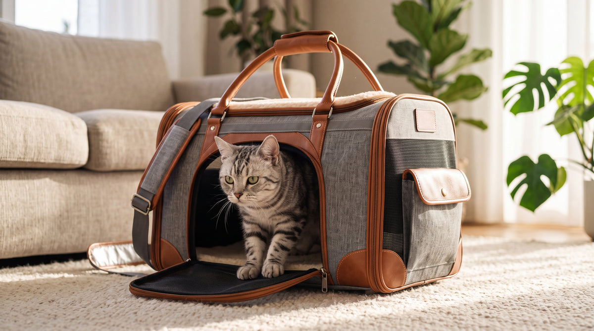 Chat tigré argenté sortant du sac de transport ouvert, scène lifestyle dans un salon lumineux