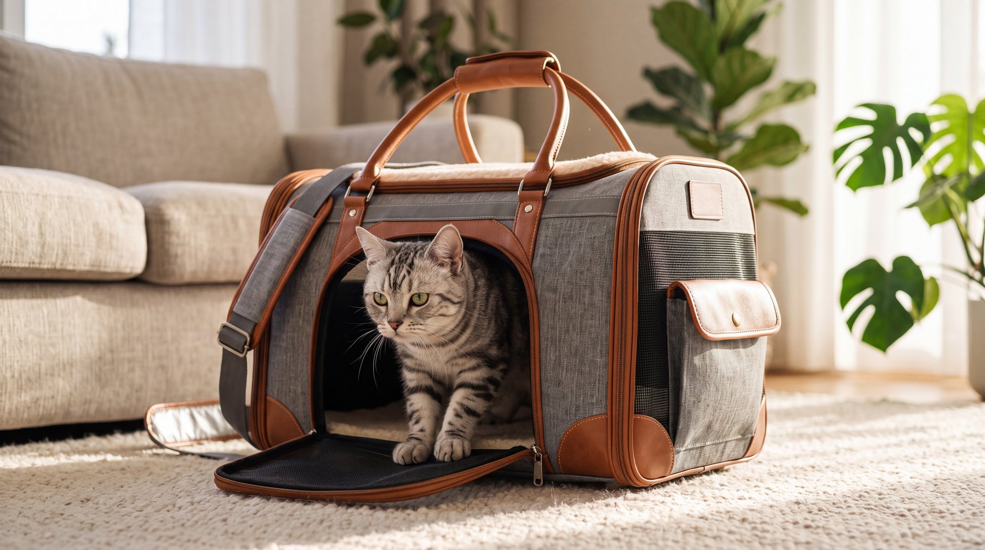 Chat tigré argenté sortant du sac de transport ouvert, scène lifestyle dans un salon lumineux