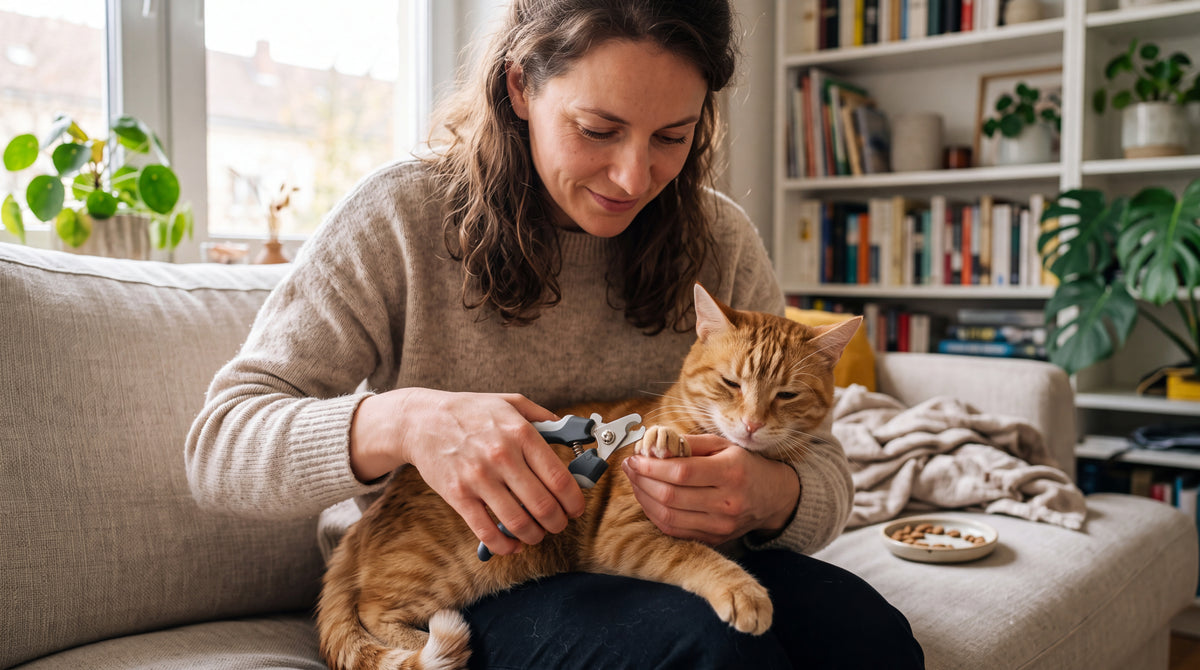 Coupe des griffes d'un chat détendu installé sur les genoux, dans un salon