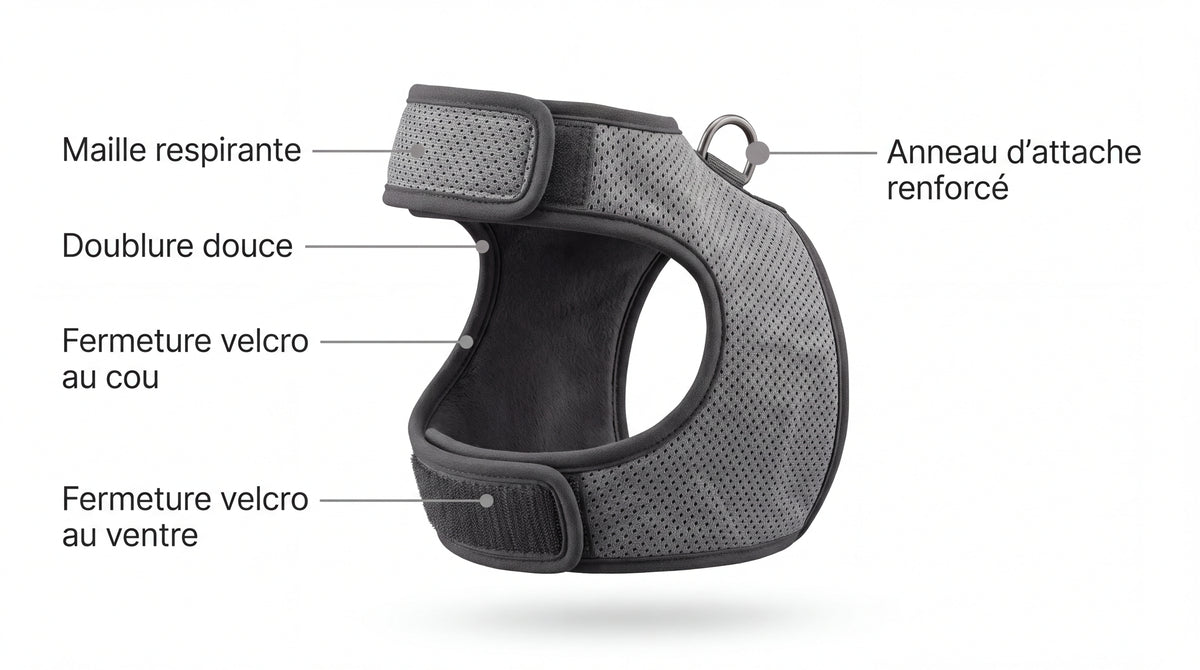 Points forts du harnais-veste : maille respirante, doublure douce, fermeture velcro au cou et au ventre, anneau d'attache renforcé