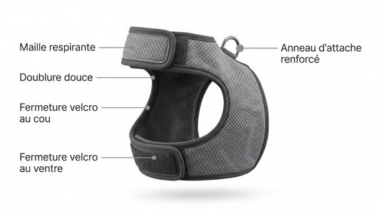 Points forts du harnais-veste : maille respirante, doublure douce, fermeture velcro au cou et au ventre, anneau d'attache renforcé