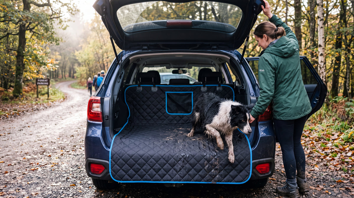 Border collie mouillé qui monte sur la housse hamac après une balade en forêt