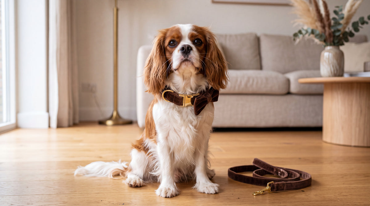 Cavalier king charles portant le collier en velours et son nœud papillon, dans un salon
