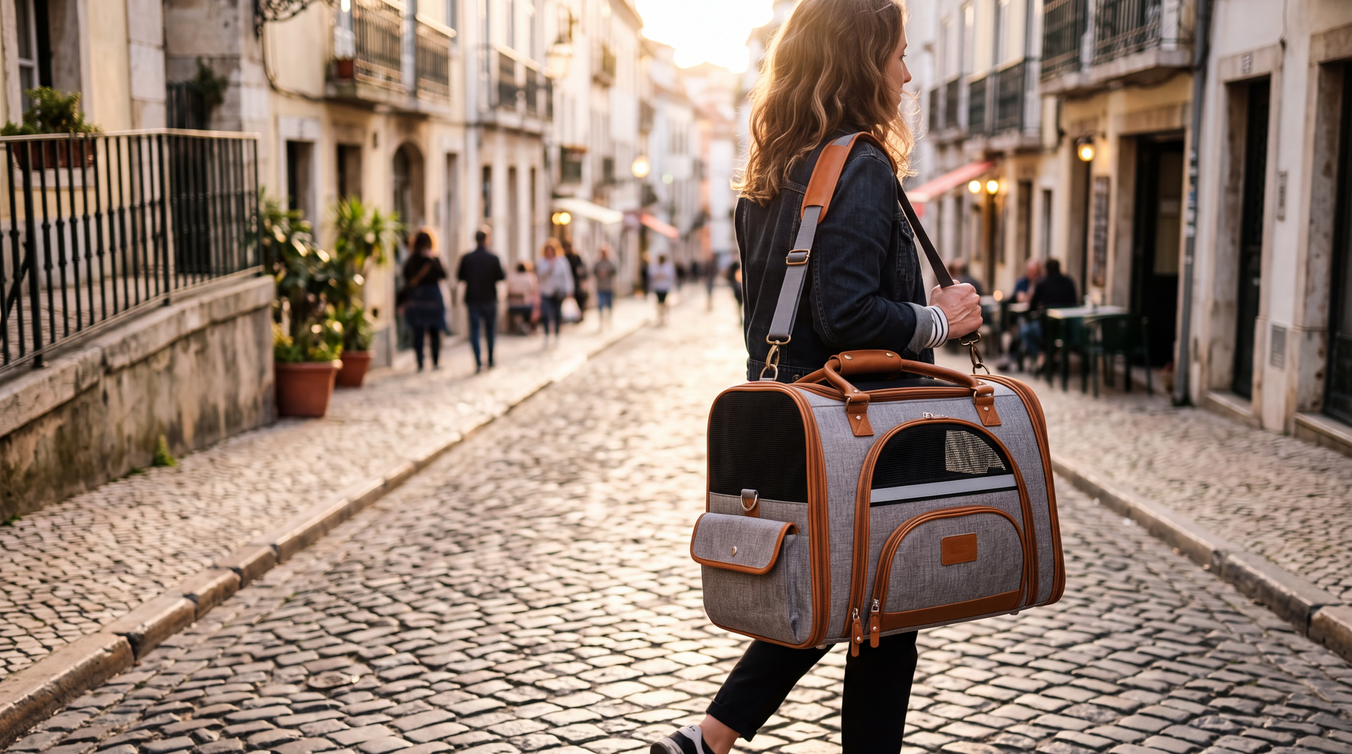 Sac de transport pour chat et petit chien porté à l'épaule dans une rue pavée au coucher du soleil