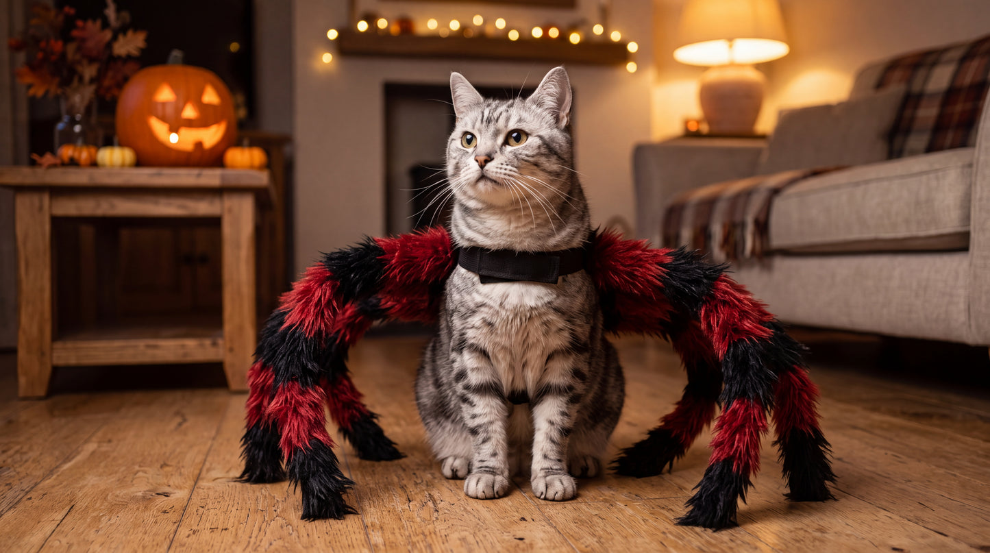 Chat portant le déguisement d'araignée dans un salon décoré pour Halloween