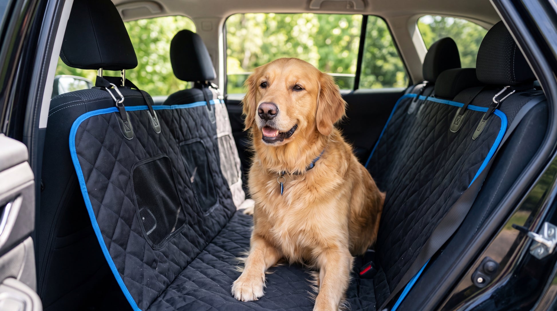 Golden retriever assis sur la housse hamac installée dans la voiture