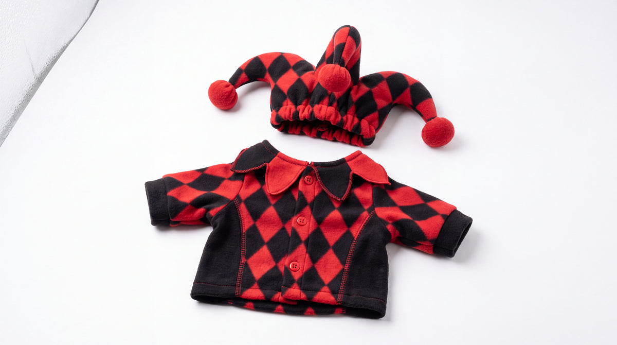 Déguisement de clown Halloween rouge et noir avec chapeau à pompons — vue studio