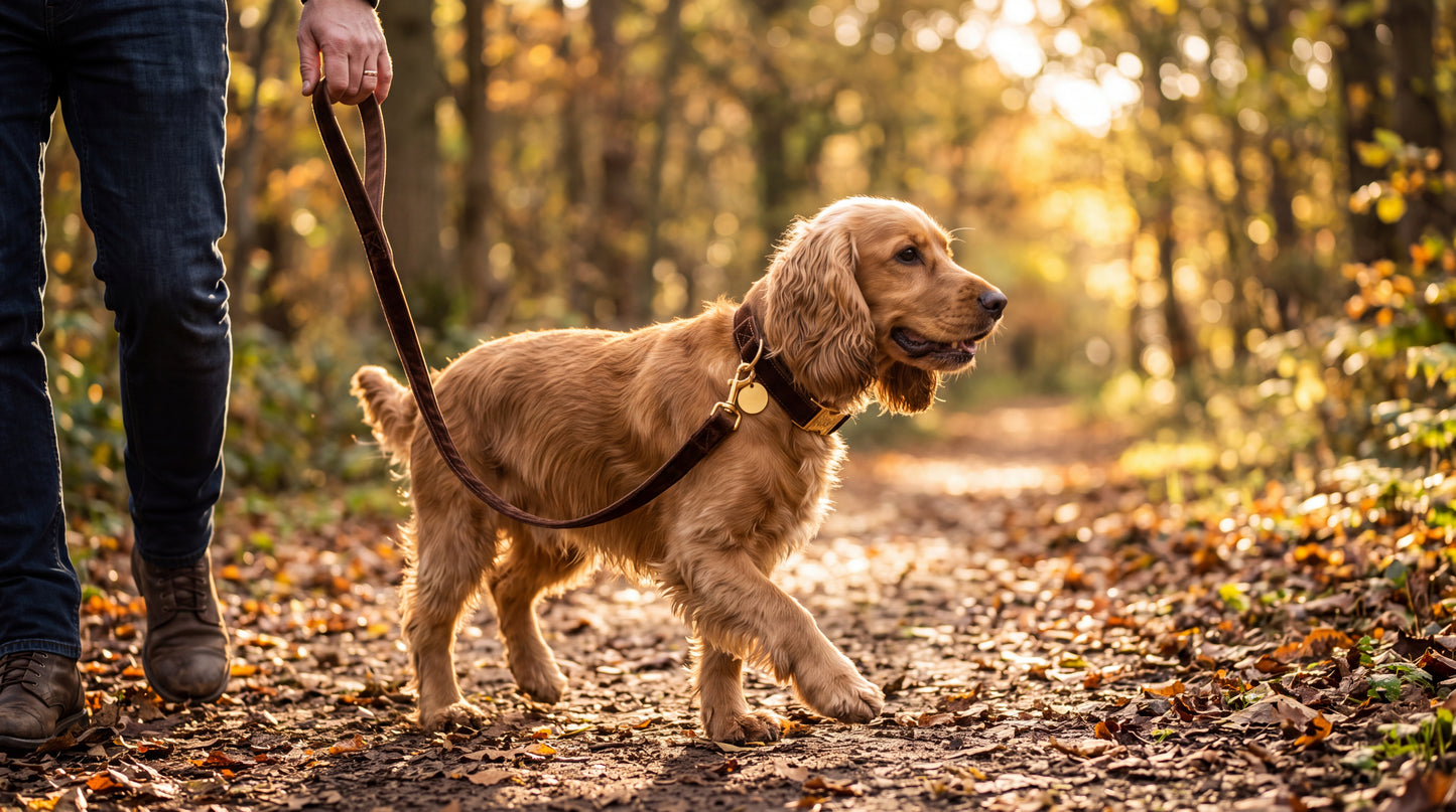 Cocker en promenade avec l'ensemble collier et laisse en velours, lumière dorée