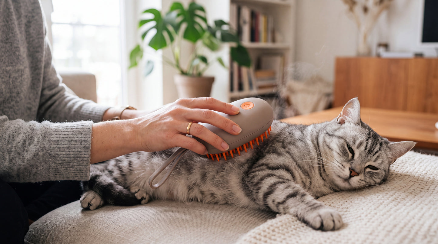 Brossage d'un chat tigré détendu sur un canapé avec la brosse vapeur