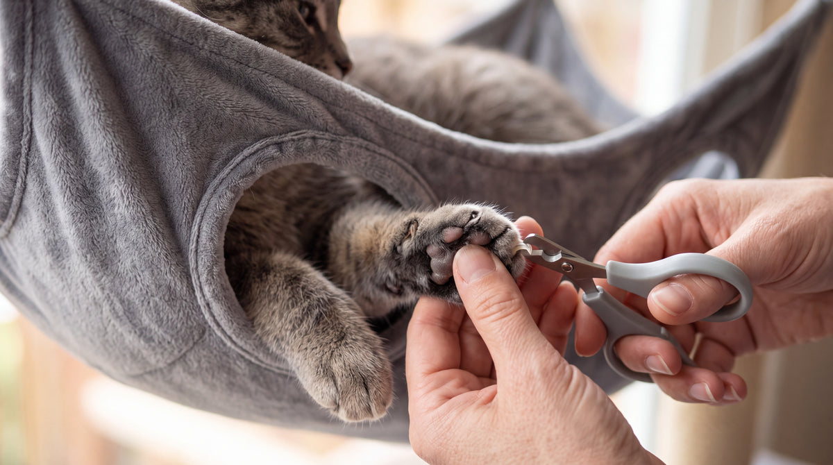 Gros plan sur une patte accessible par l'ouverture du hamac pendant la coupe d'une griffe