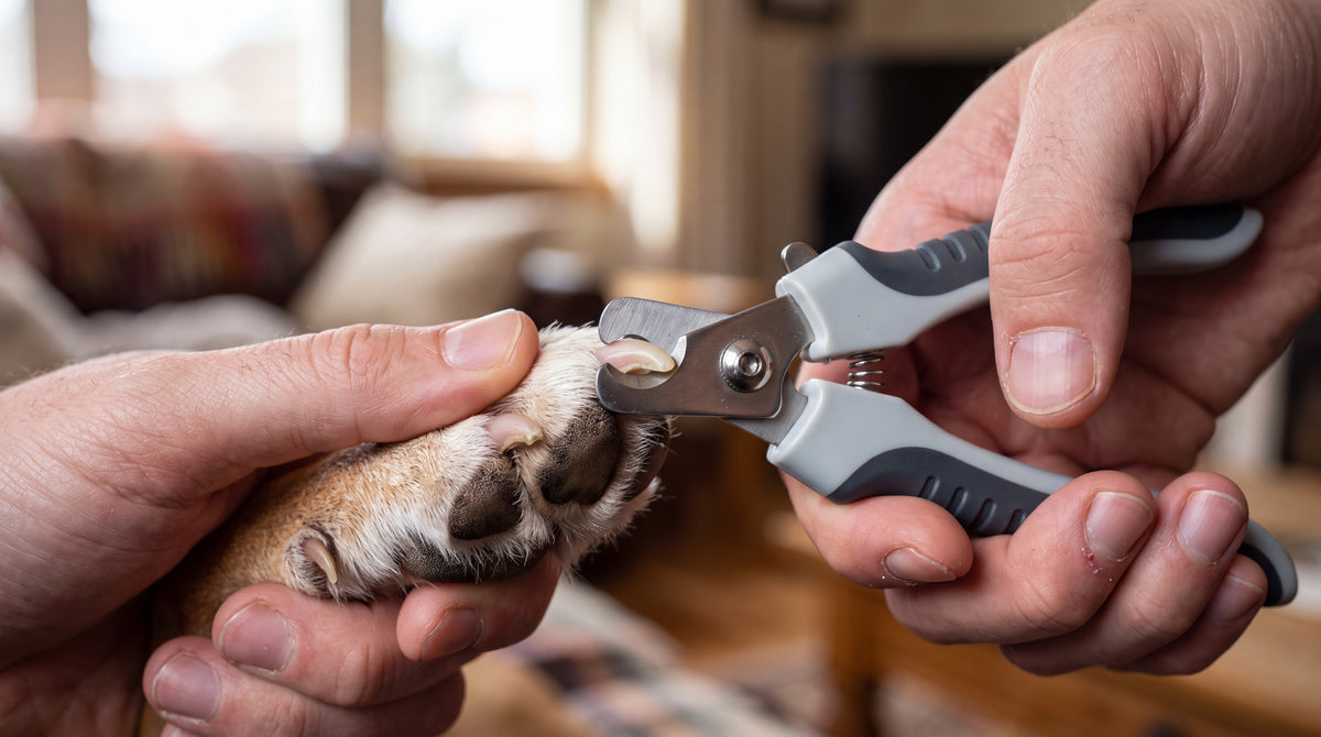 Gros plan sur la coupe d'une griffe de chien avec le guide de sécurité en place