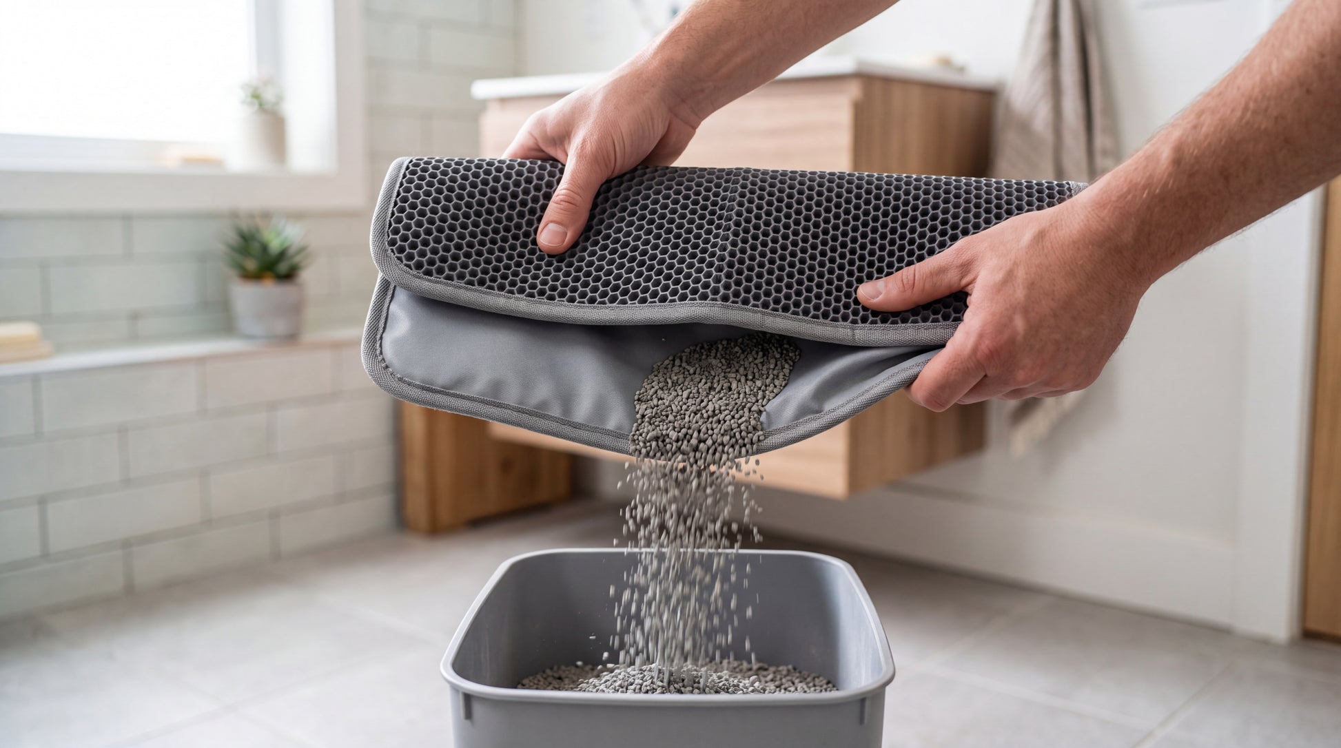 Tapis plié en deux pour vider les grains de litière dans la poubelle