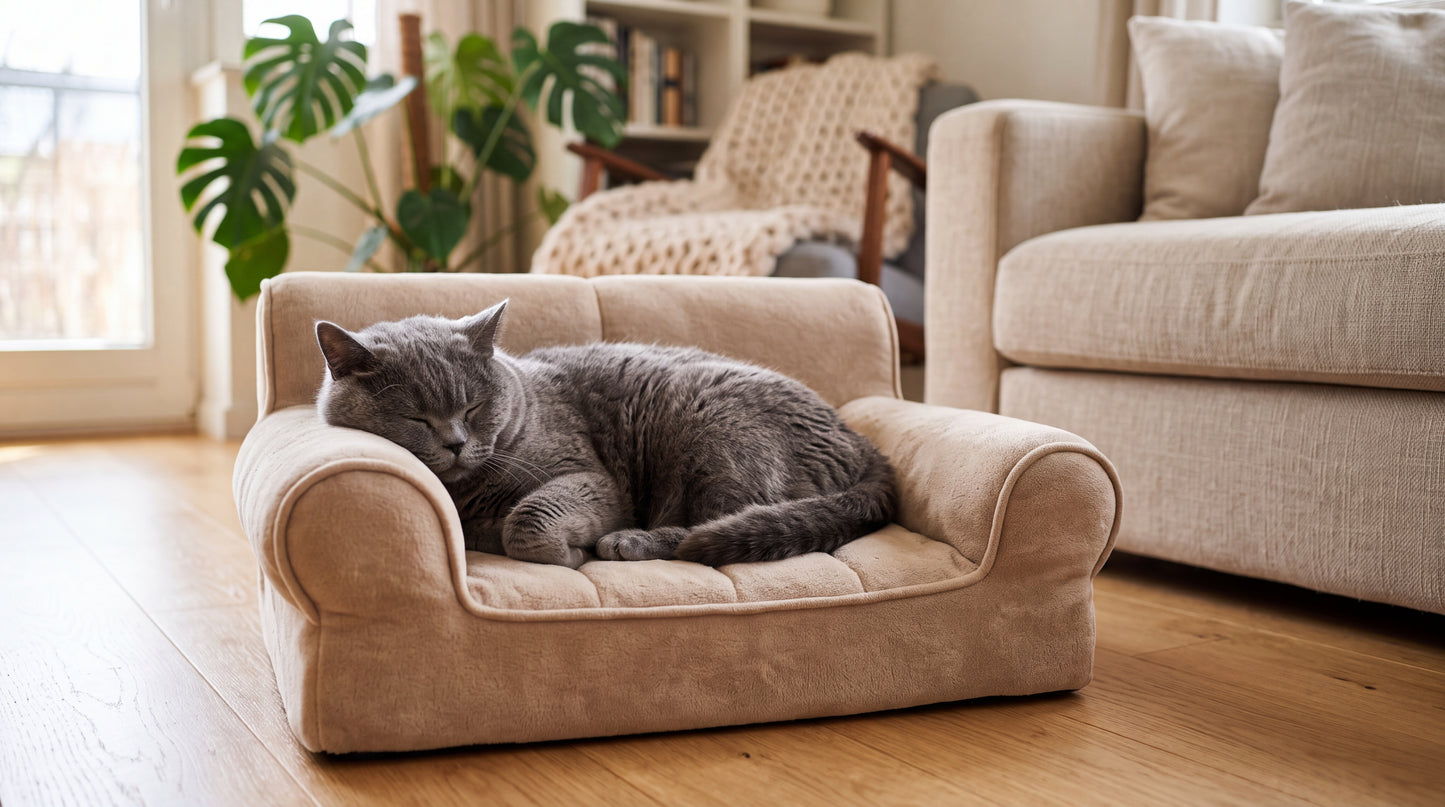 Chat British Shorthair endormi dans le canapé, dans un salon lumineux
