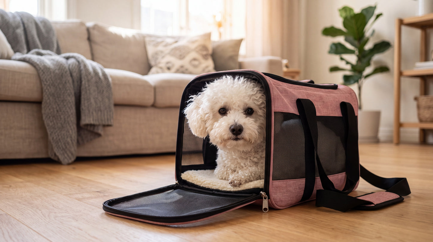 Petit chien installé dans le sac de transport ouvert, dans un salon lumineux