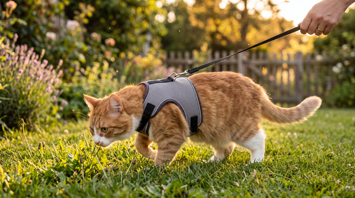 Chat en balade au jardin, tenu en laisse avec le harnais-veste