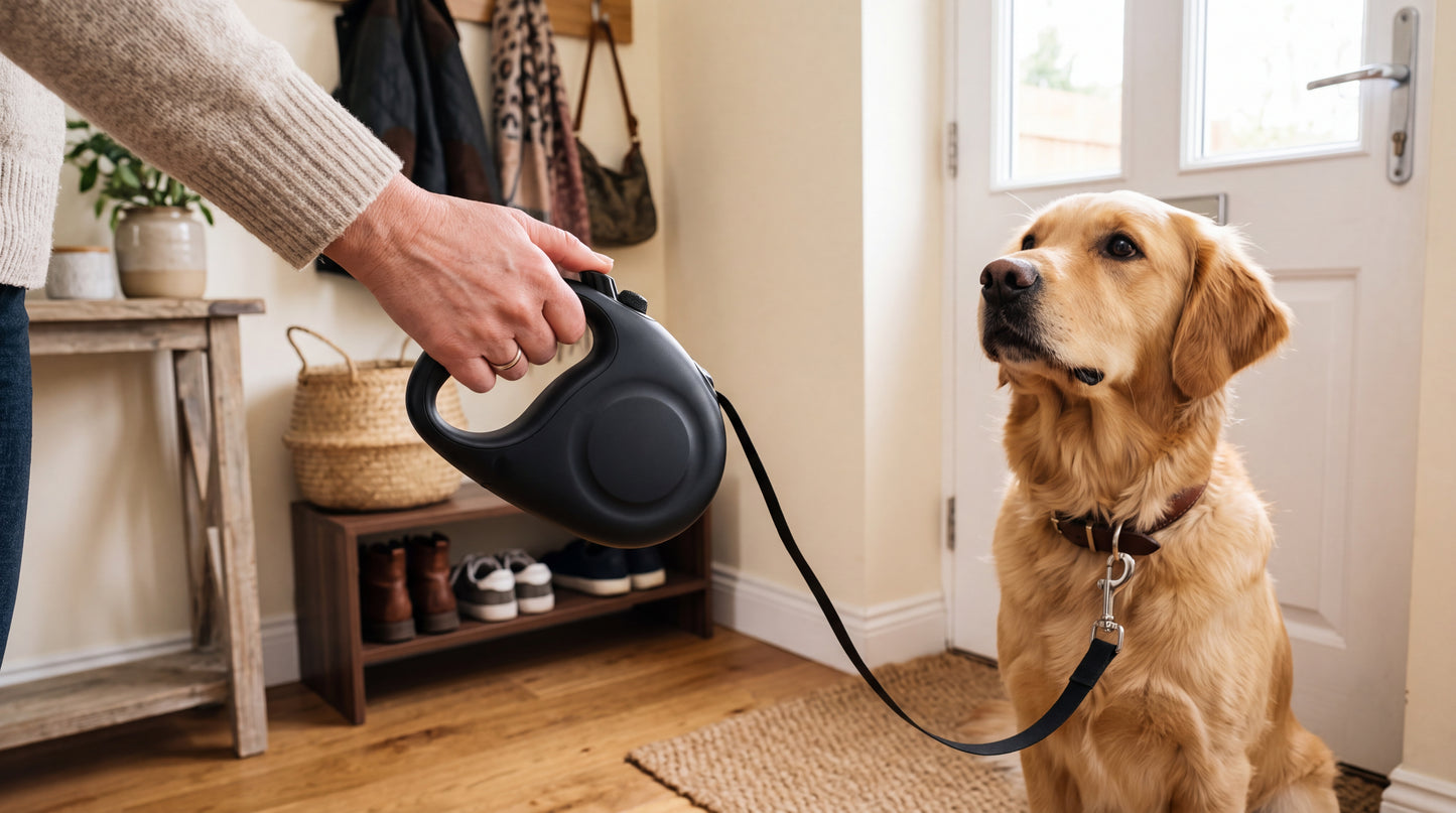 Golden retriever attendant à la porte, tenu à la laisse rétractable