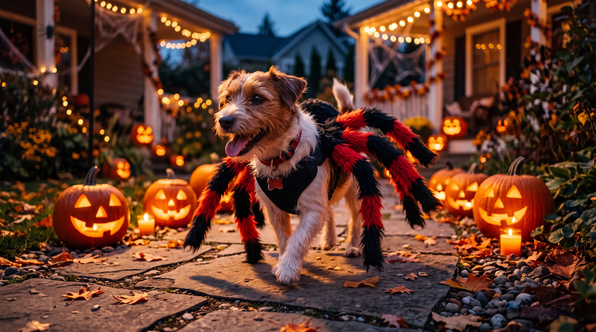 Chien en déguisement d'araignée sur une allée bordée de citrouilles allumées