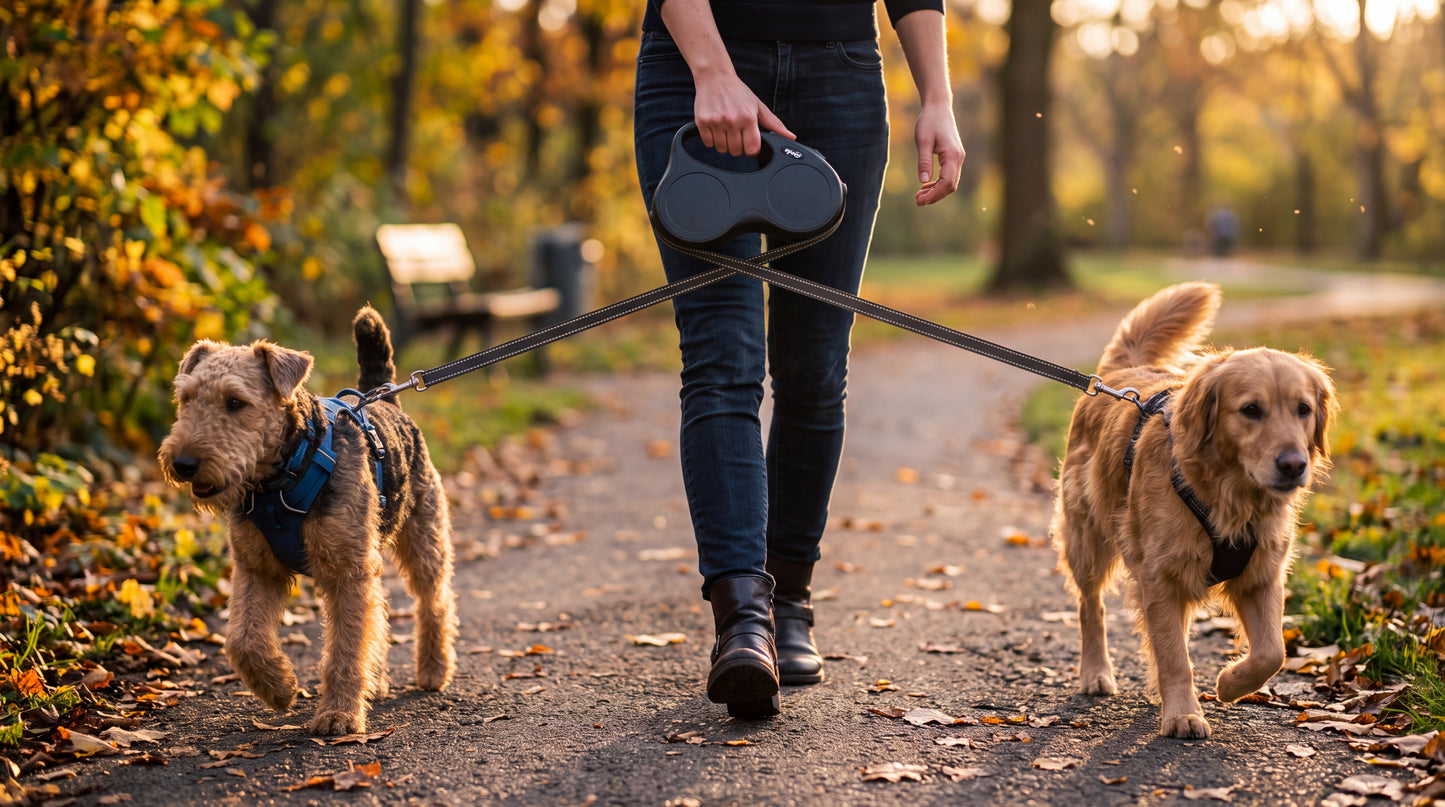Promenade de deux chiens avec la double laisse, sangles parallèles et non emmêlées