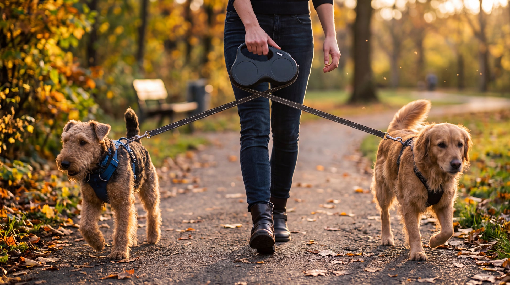 Promenade de deux chiens avec la double laisse, sangles parallèles et non emmêlées