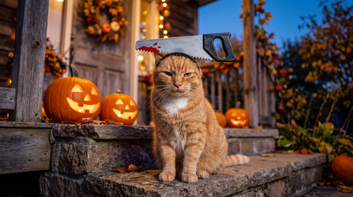 Chat portant le serre-tête scie sur un perron éclairé par des citrouilles