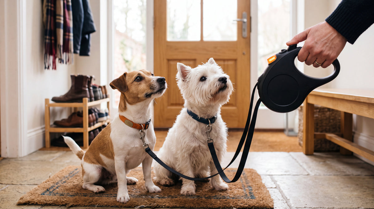 Deux petits chiens attachés à la double laisse, prêts à sortir dans l'entrée