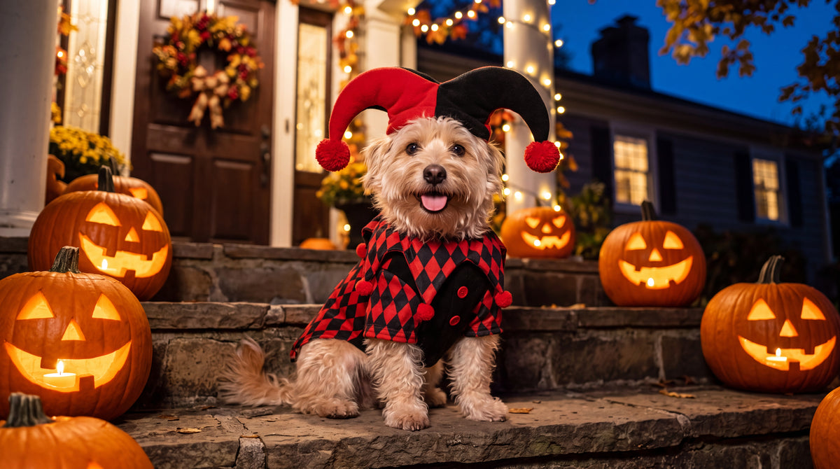 Chien en déguisement de clown sur le perron entouré de citrouilles allumées