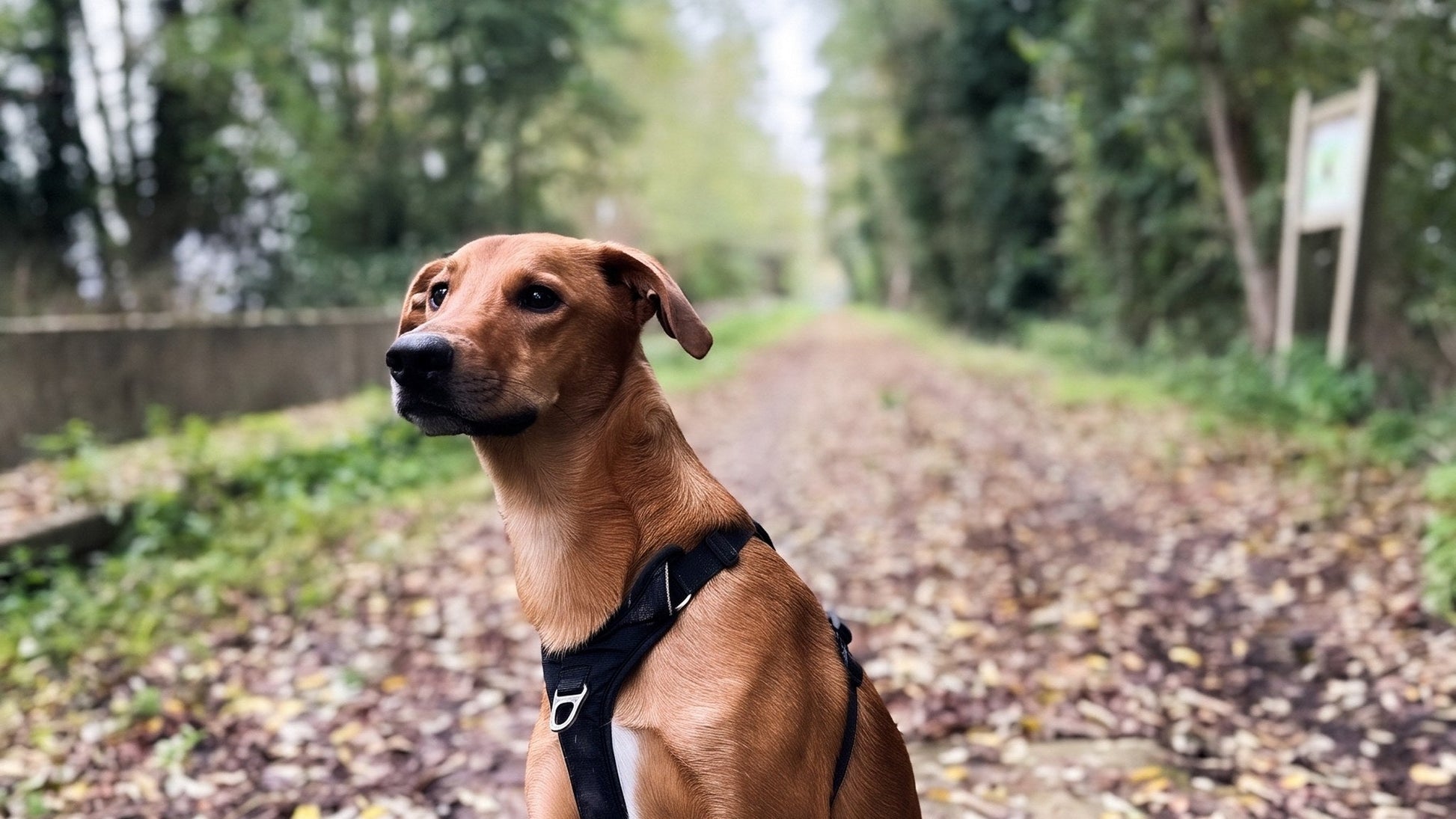 Tonka en balade sur un chemin forestier, équipé d'un harnais de poitrail du même type